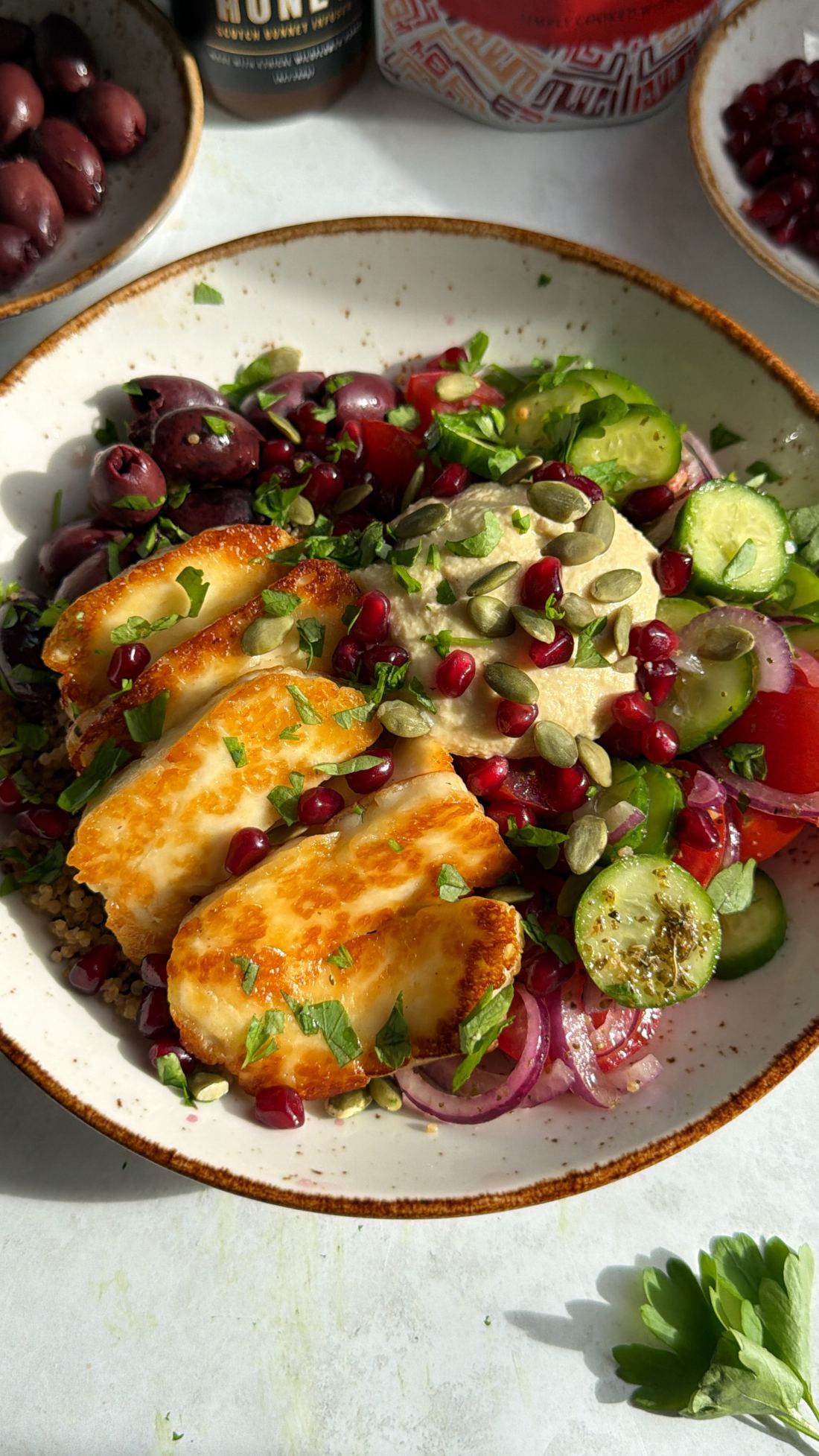 15 Minute Hot Honey Halloumi and Quinoa Hummus Bowl