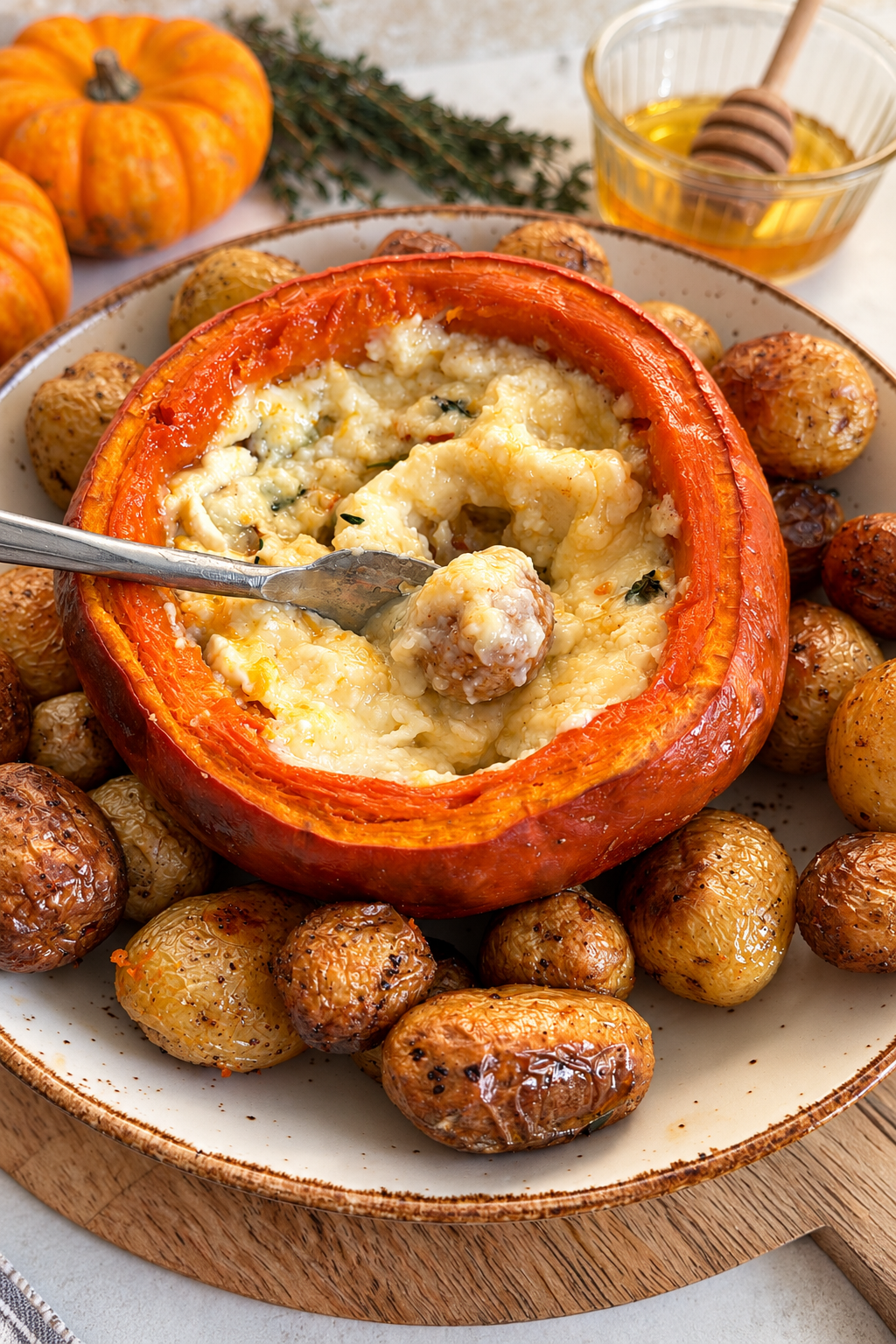 Baked Goat’s Cheese Stuffed Pumpkin with Roasted Baby Potatoes