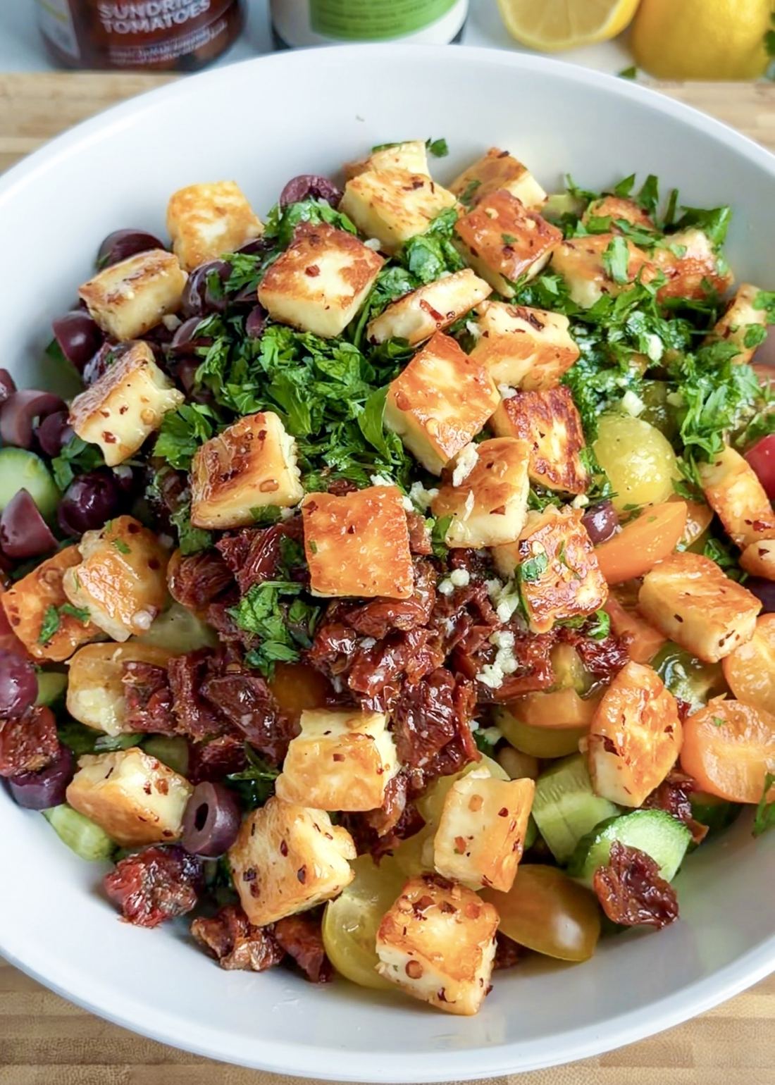 Mediterranean Dense Bean Salad With Hot Honey Halloumi